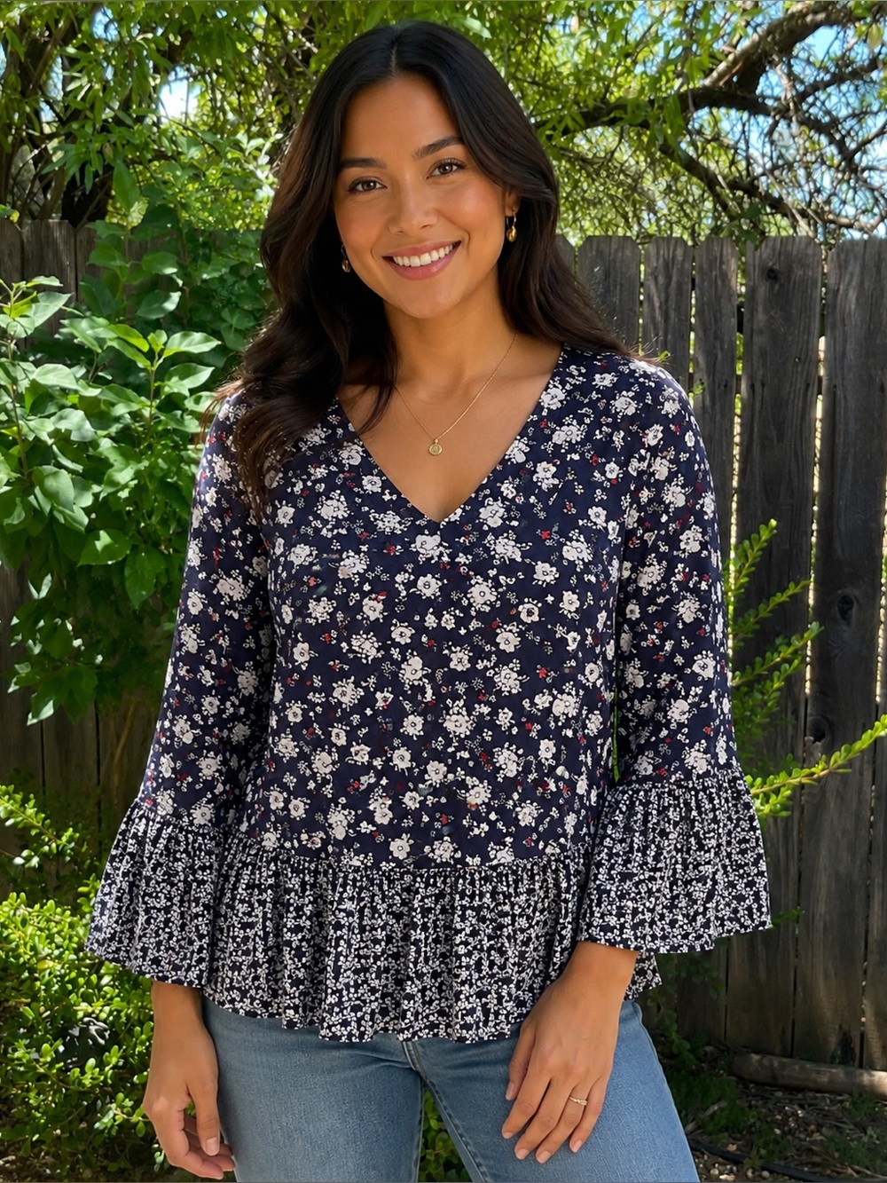 Boho Peasant Small Top Blouse 3/4 Sleeve Navy Blue White Floral